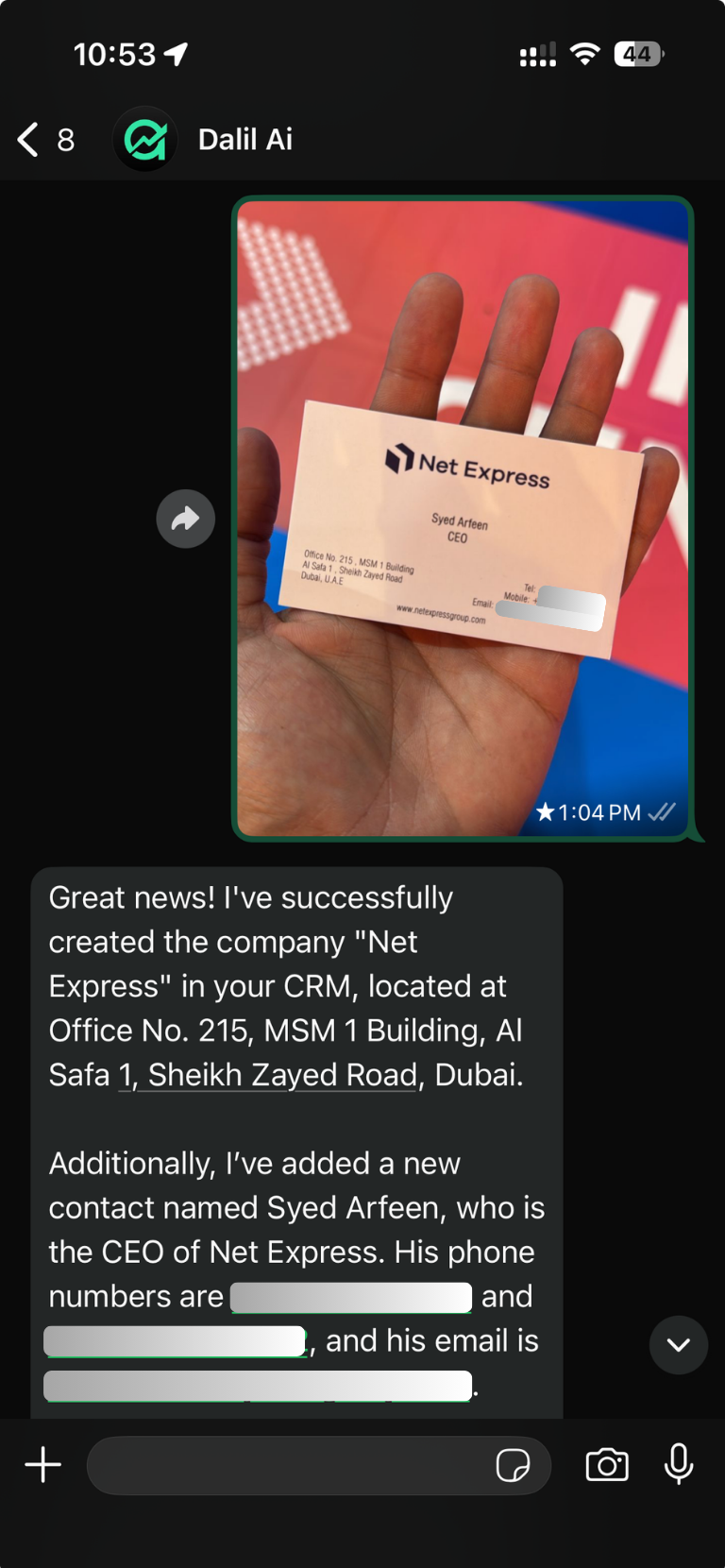 A business card scanned in WhatsApp at an event, turned into a CRM record