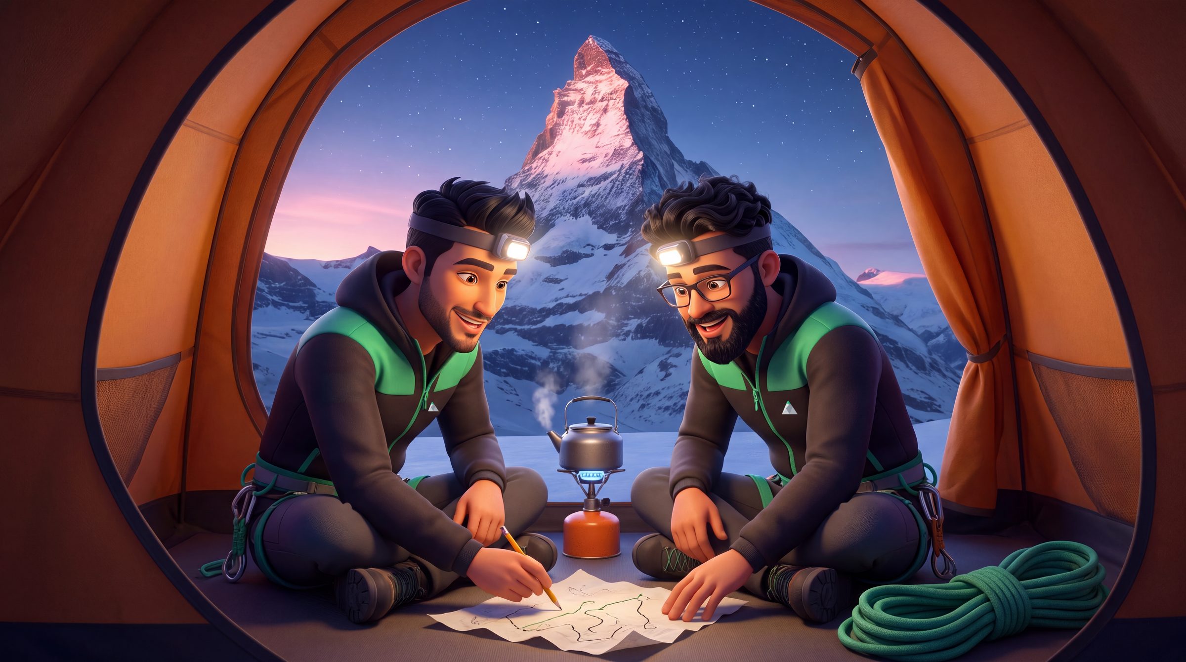 The two Vetta founders in a tent at dawn, sketching the first route on paper