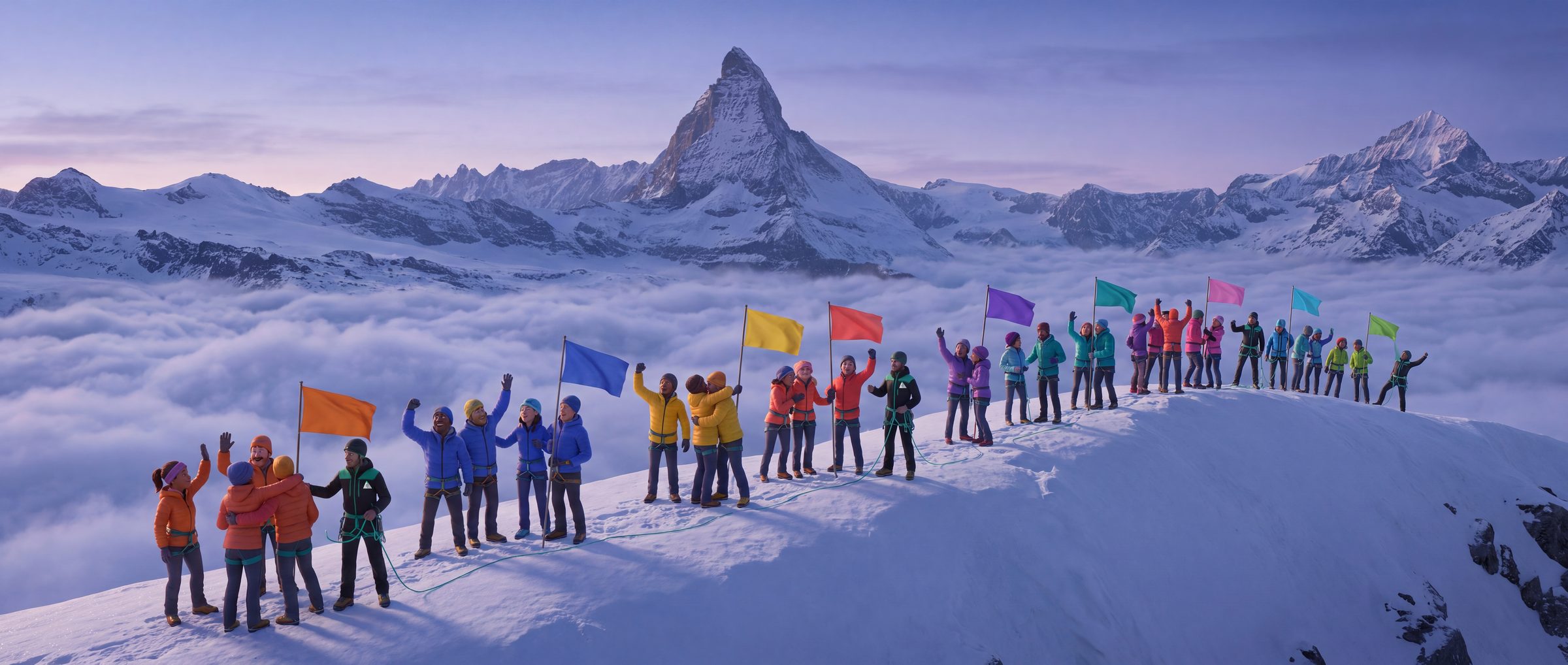 Teams in every colour celebrate by their flags along the Matterhorn’s summit ridge at dusk