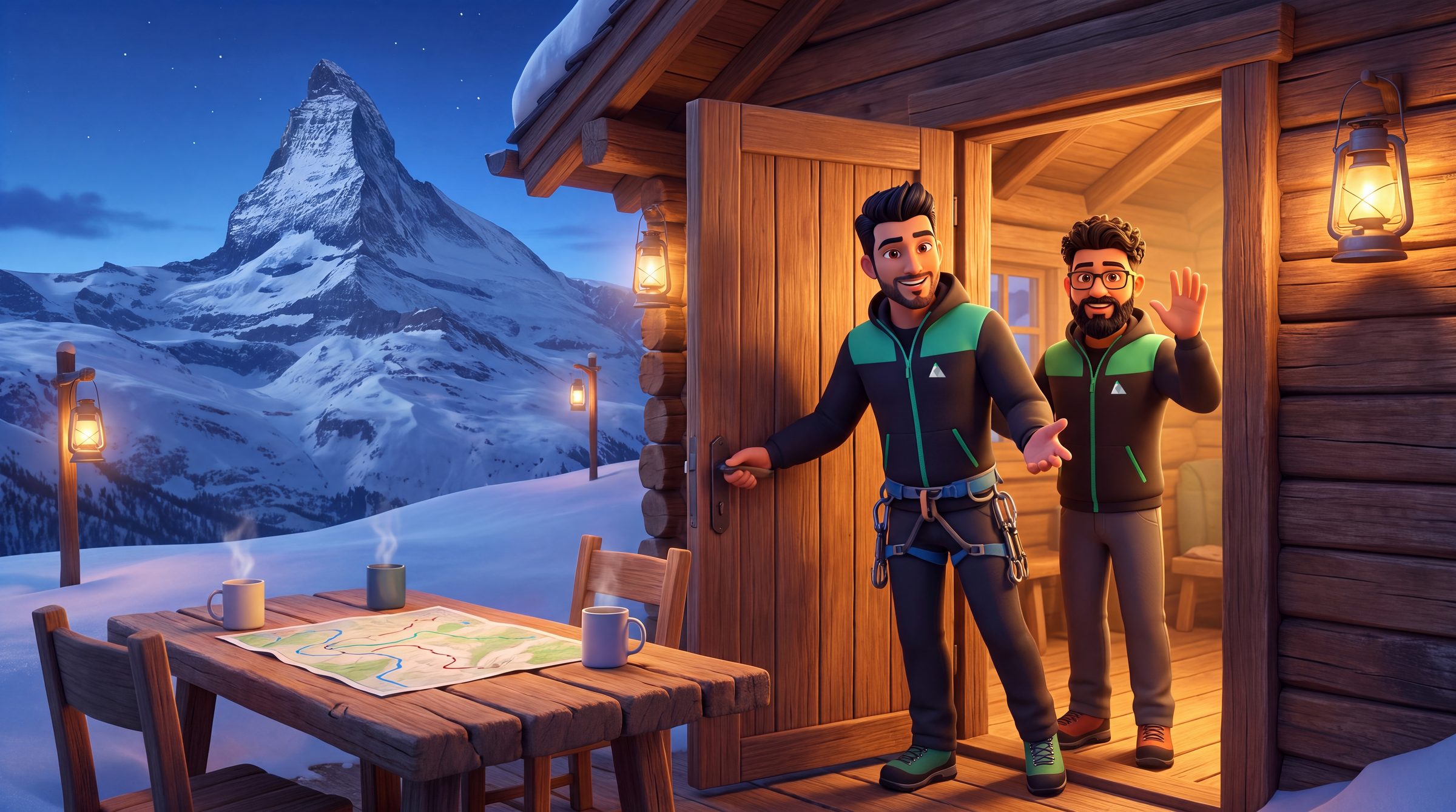 The two Vetta guides welcome you into a lit mountain hut, the route map on the table
