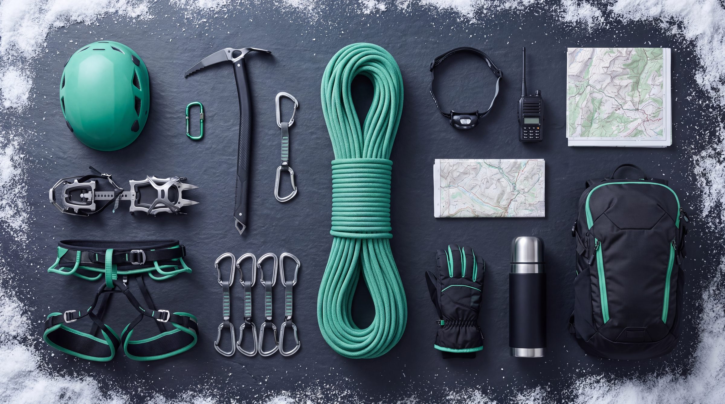 One complete climbing kit laid out on slate: jade rope, helmet, ice axe, harness, radio, map and pack