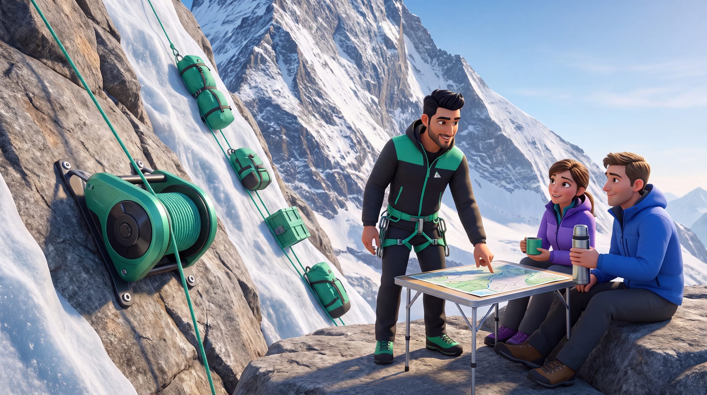 A jade winch hauls the gear up the face while the Vetta guide picks the route at the map