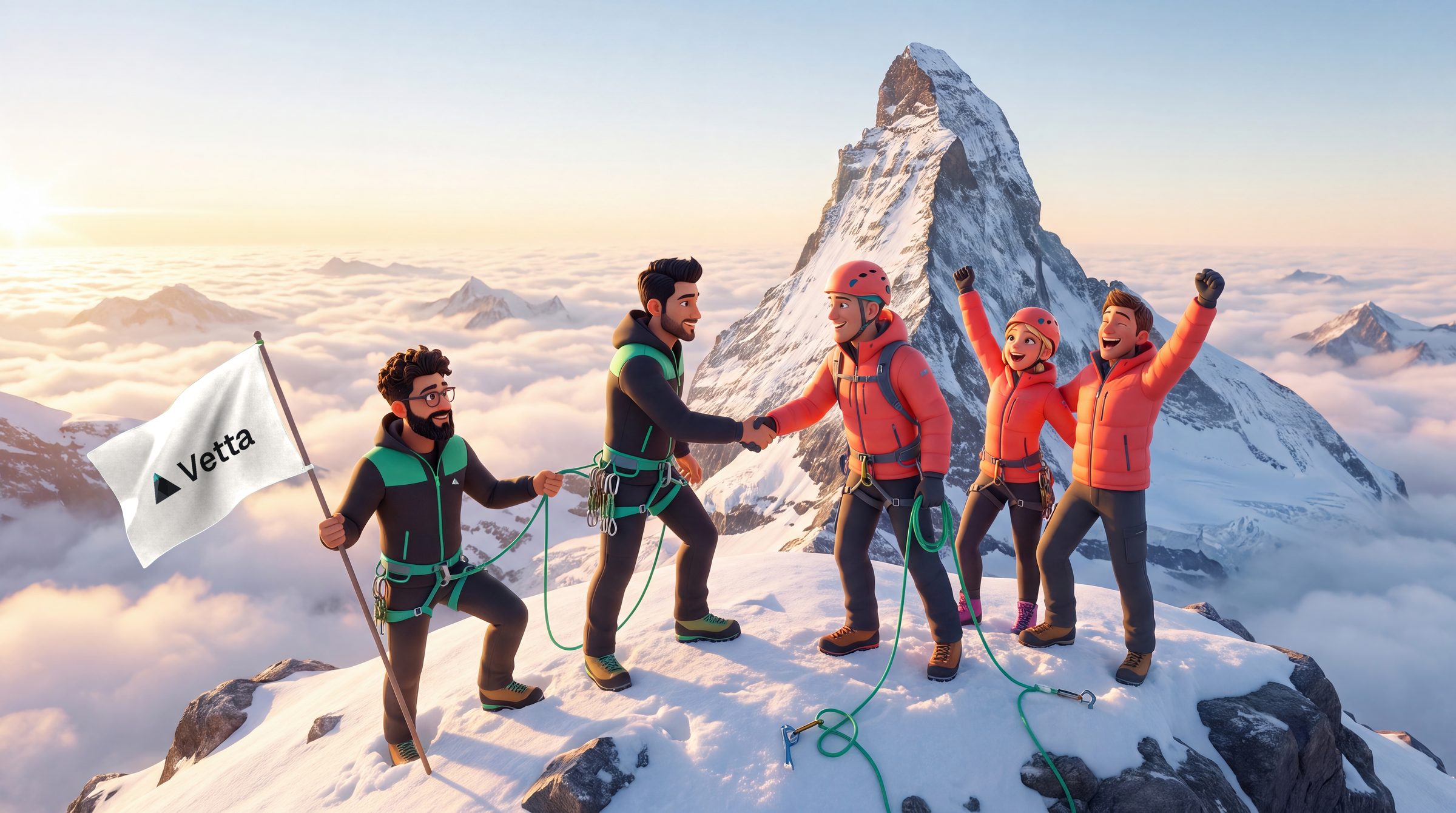 A handshake on the Matterhorn summit at sunrise beside a white Vetta flag