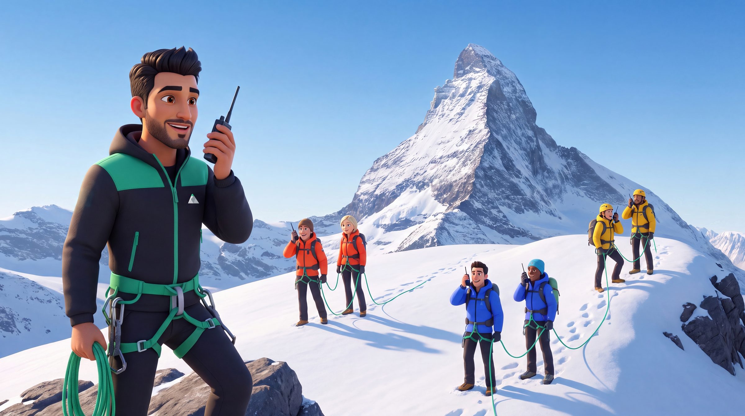 A Vetta guide speaking into a radio while three rope teams across the slopes each hear the call
