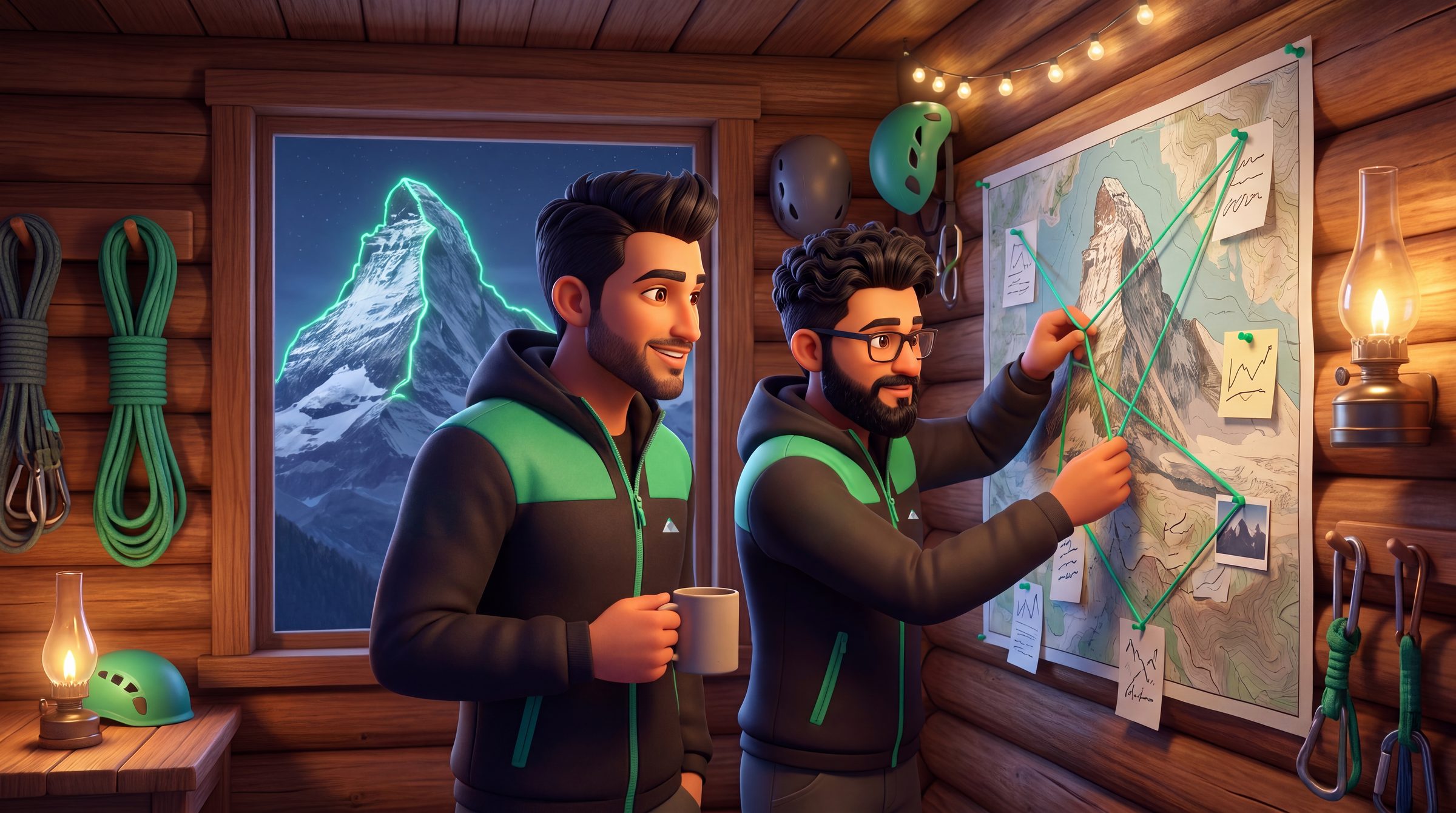 Two Vetta guides in a mountain hut, pinning notes to a map of the Matterhorn with jade string