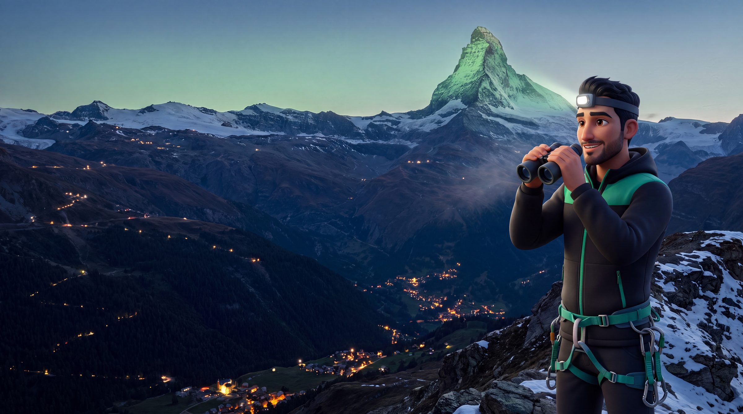 A Vetta guide on a ridge at dusk, watching through binoculars as lights come on across the valley below