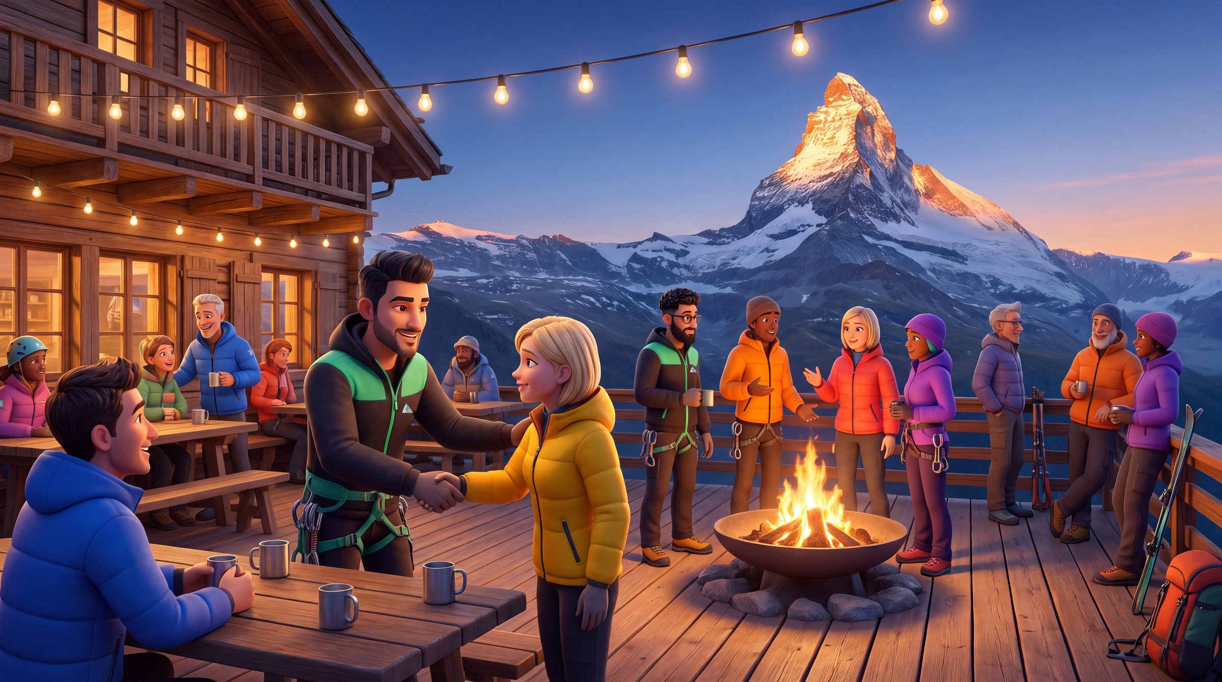 Climbers from many teams meet on the terrace of a mountain hut at dusk