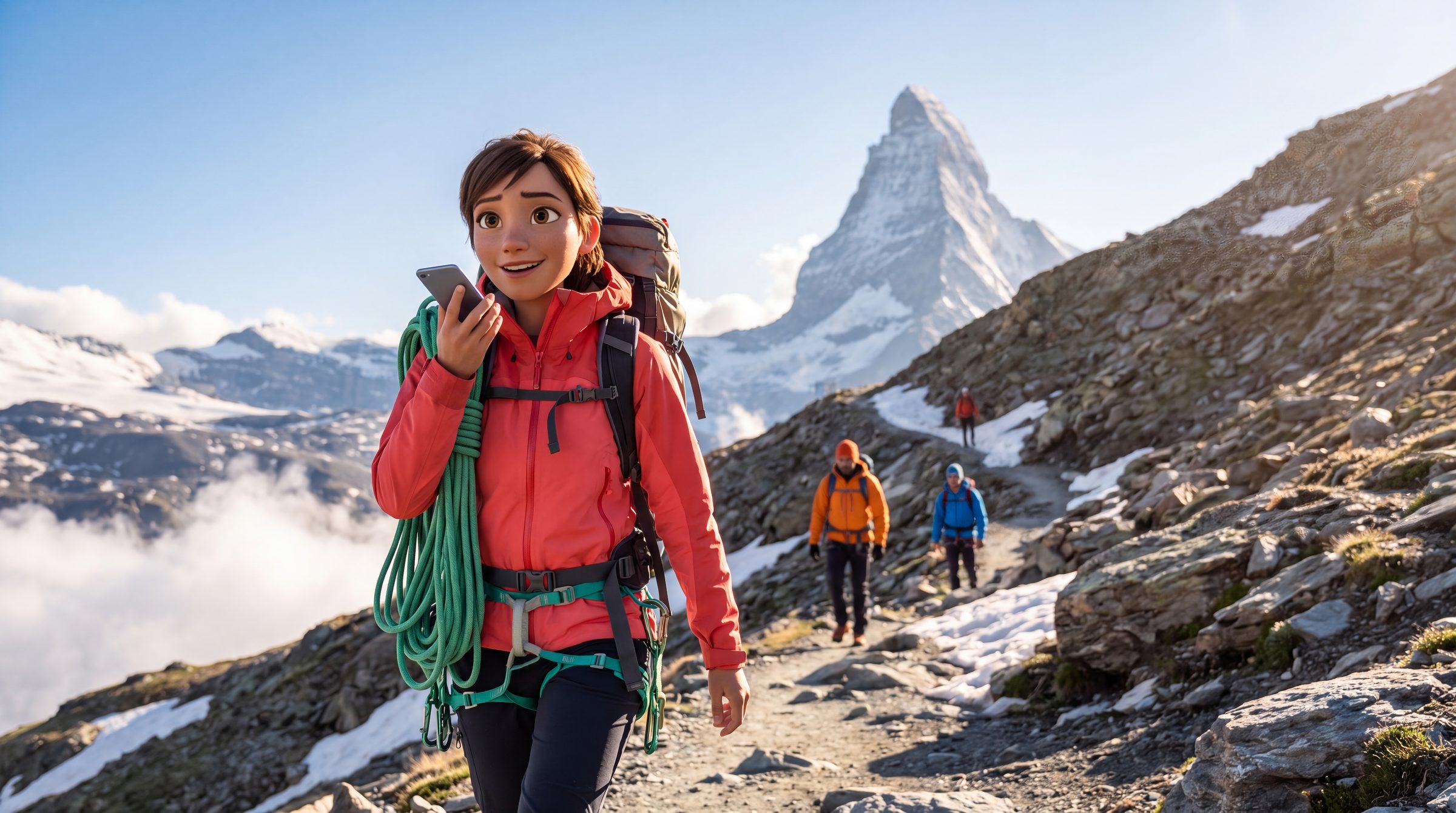 A climber sends a voice note on the move, the Matterhorn ahead